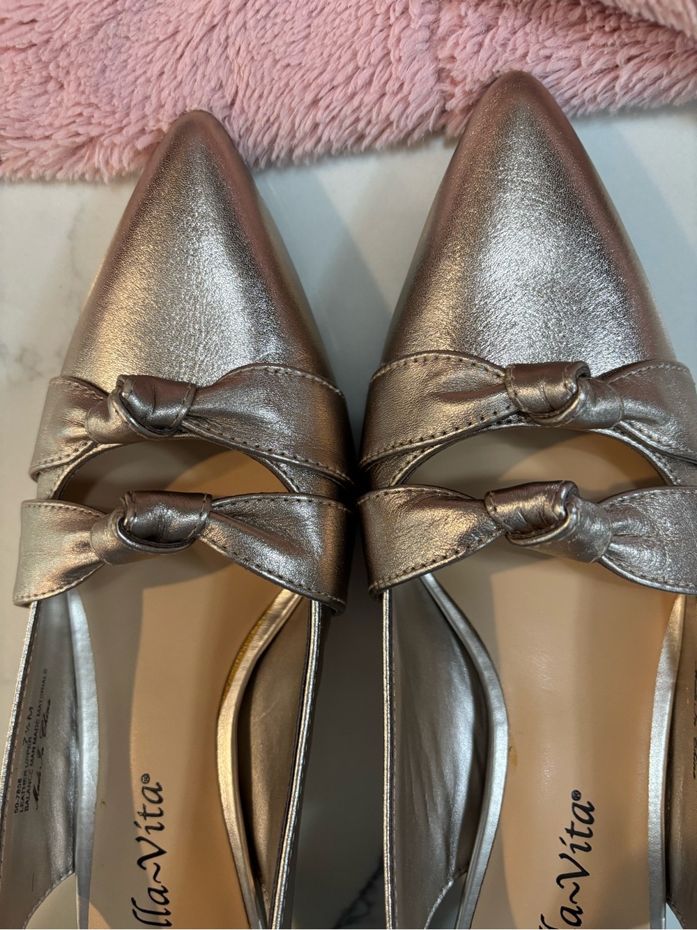 Avita Metallic Silver Pointed Toe Knot-Detail Flats